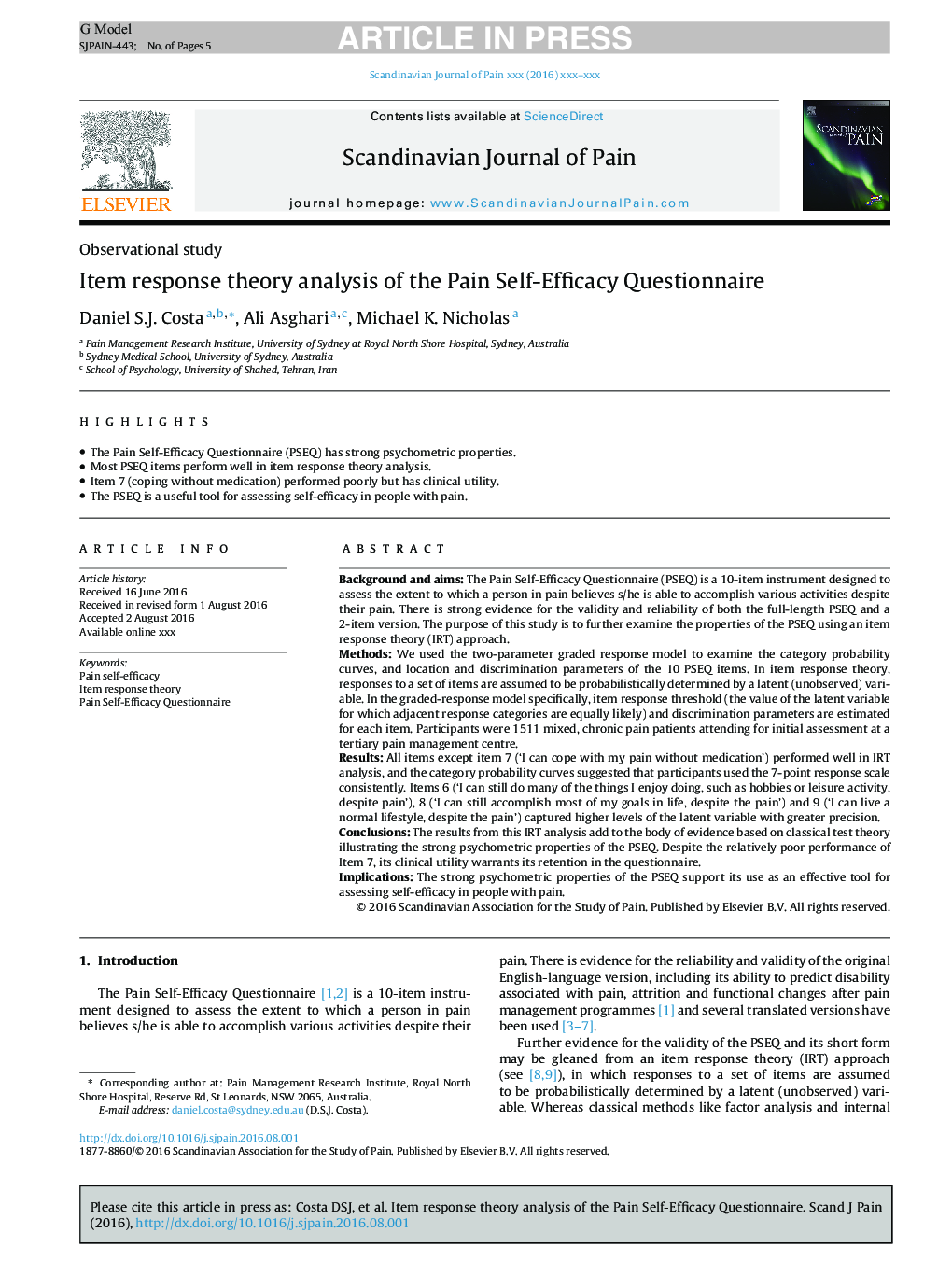 Item response theory analysis of the Pain Self-Efficacy Questionnaire