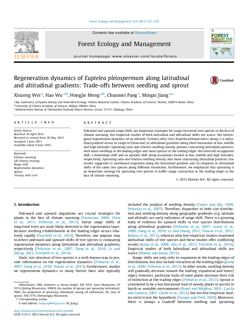 Regeneration dynamics of Euptelea pleiospermum along latitudinal and altitudinal gradients: Trade-offs between seedling and sprout