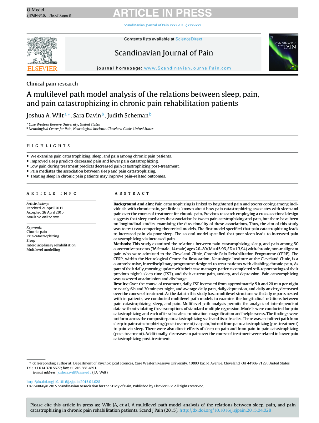 A multilevel path model analysis of the relations between sleep, pain, and pain catastrophizing in chronic pain rehabilitation patients