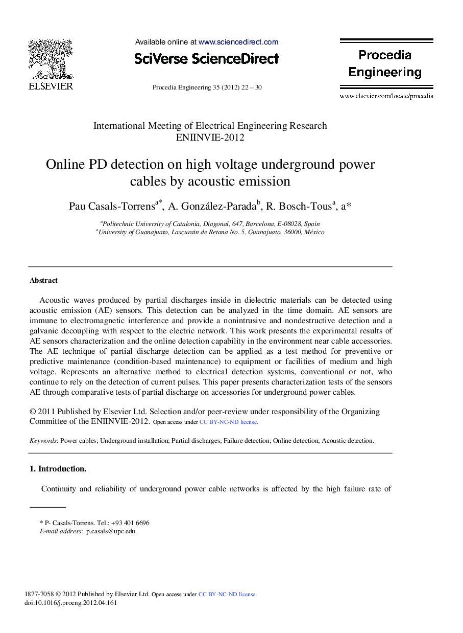 Online PD detection on high voltage underground power cables by acoustic emission