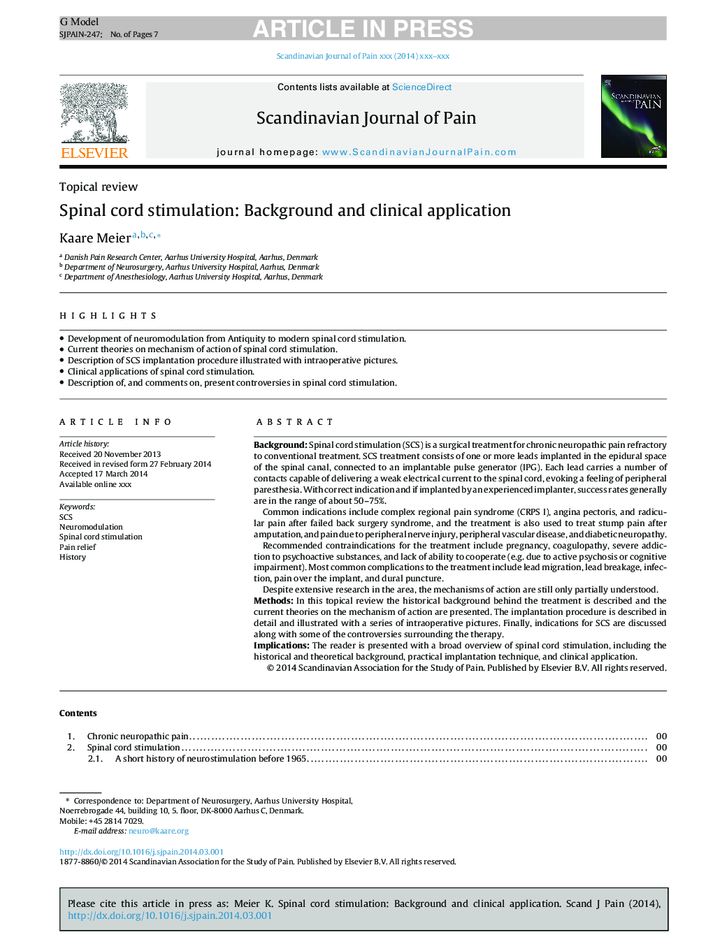 Spinal cord stimulation: Background and clinical application