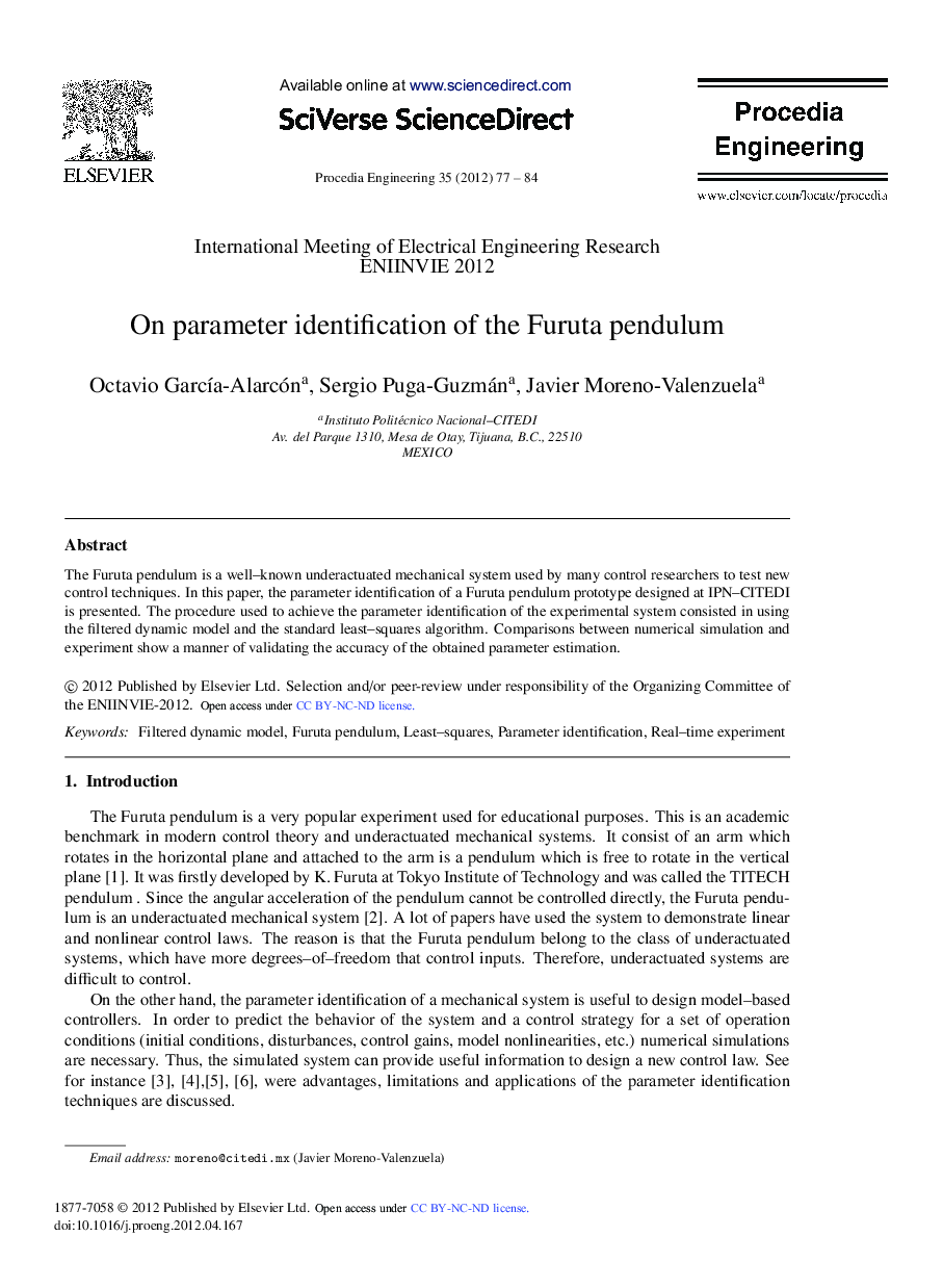 On parameter identification of the Furuta pendulum