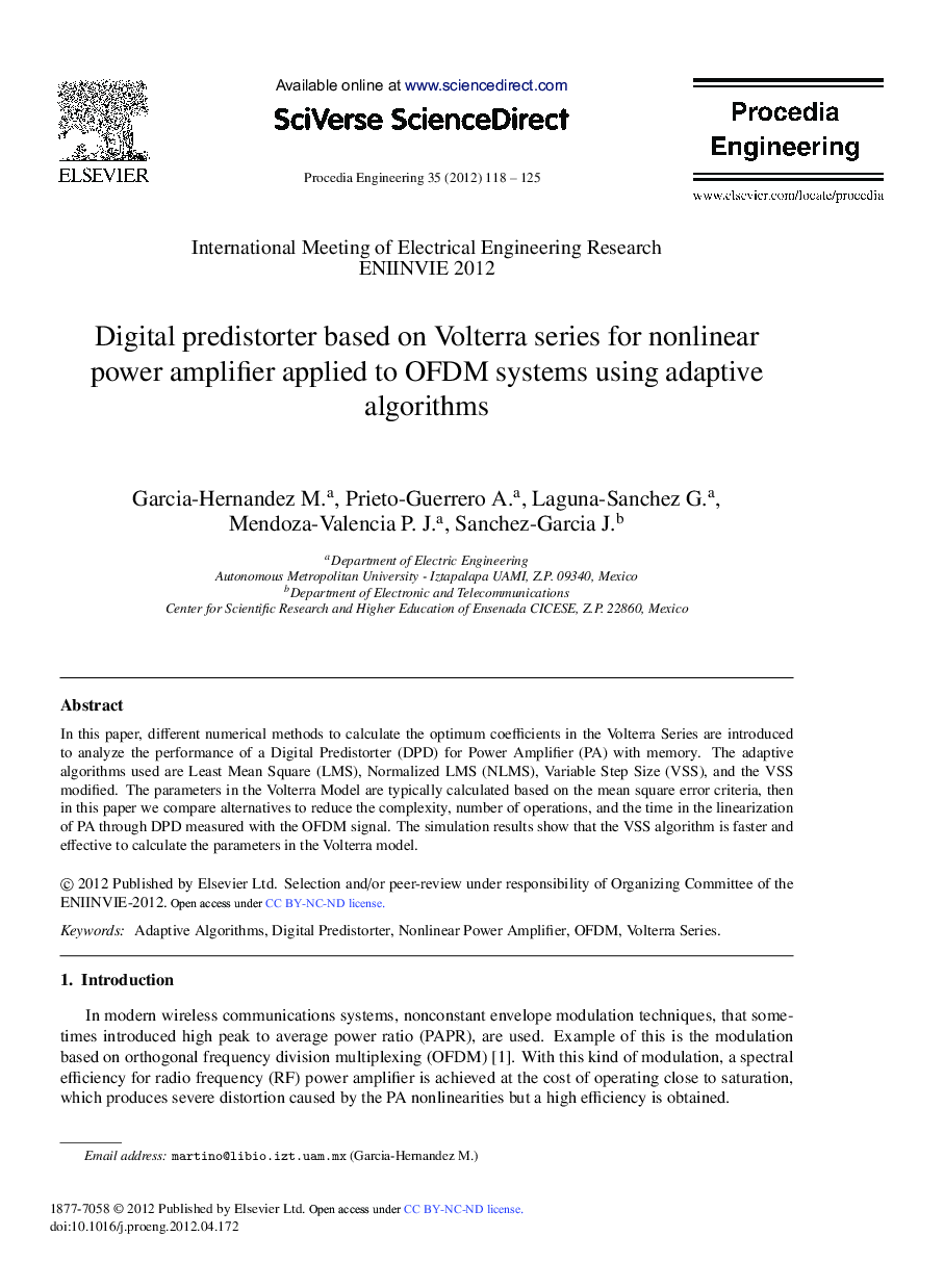 Digital predistorter based on Volterra series for nonlinear power amplifier applied to OFDM systems using adaptive algorithms