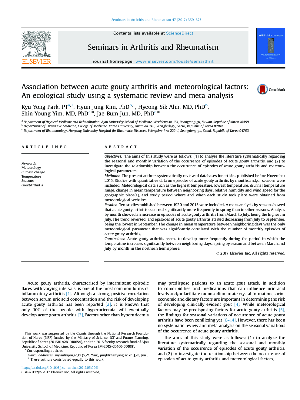 ارتباط بین آرتریت بدخیم حاد و عوامل هواشناسی: یک مطالعه اکولوژیکی با استفاده از یک بررسی منظم و متاآنالیز 