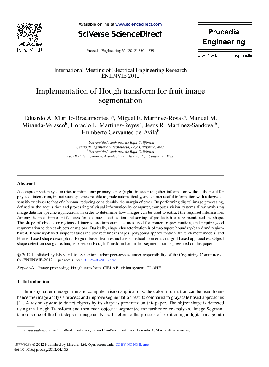 Implementation of Hough transform for fruit image segmentation