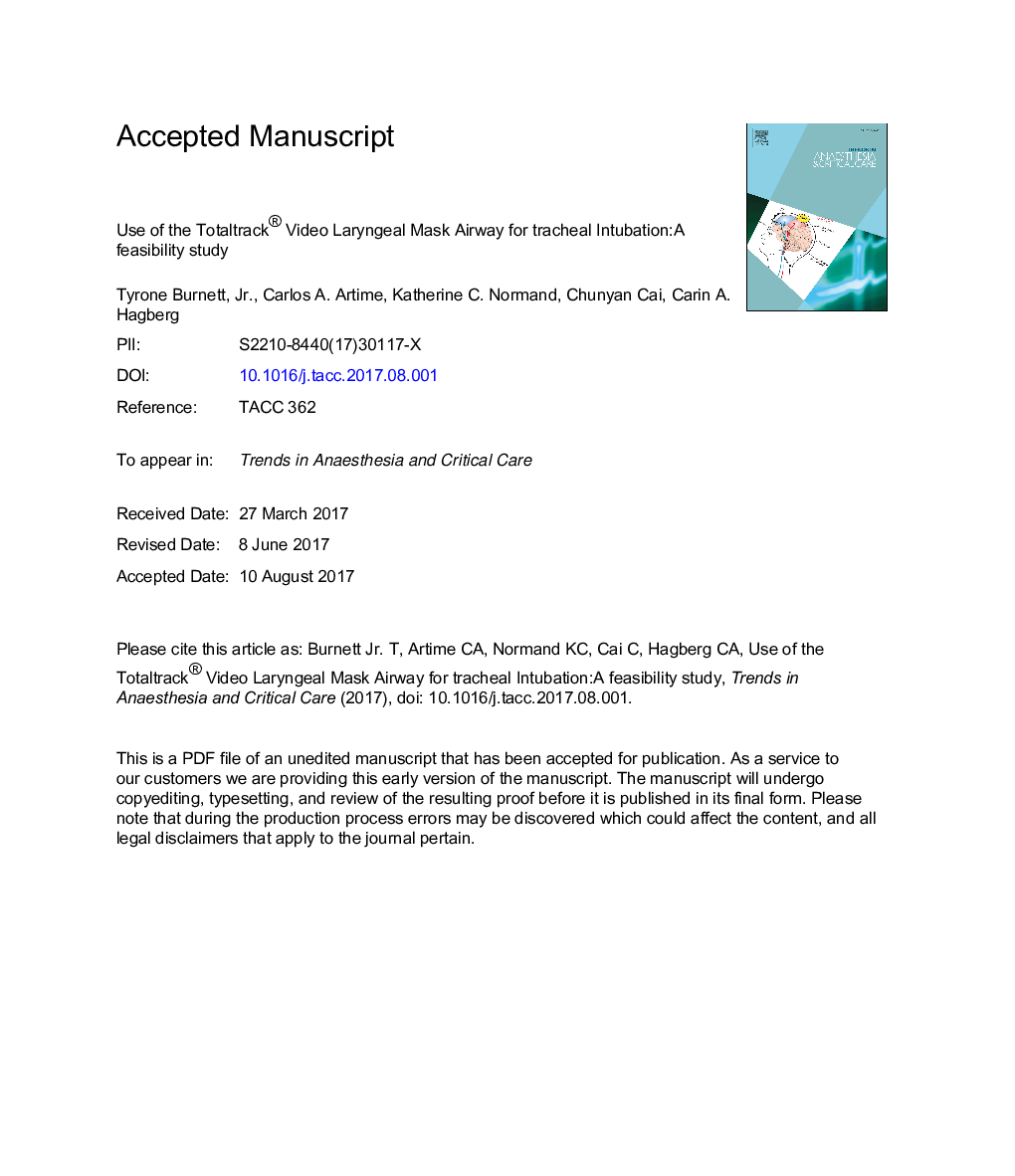 Use of the Totaltrack® Video Laryngeal Mask Airway for tracheal intubation: A feasibility study