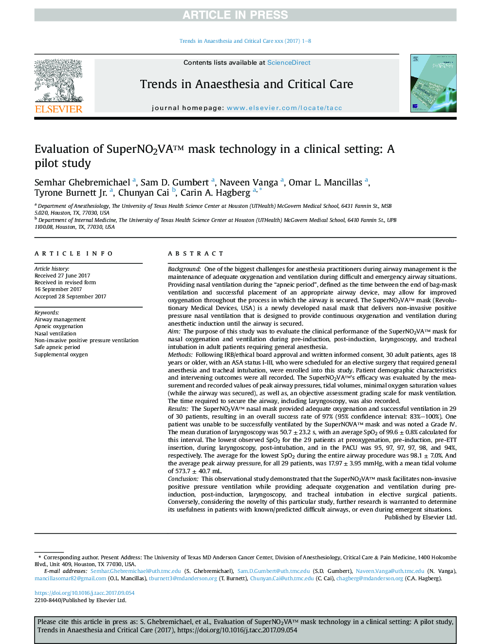 Evaluation of SuperNO2VAâ¢ mask technology in a clinical setting: A pilot study