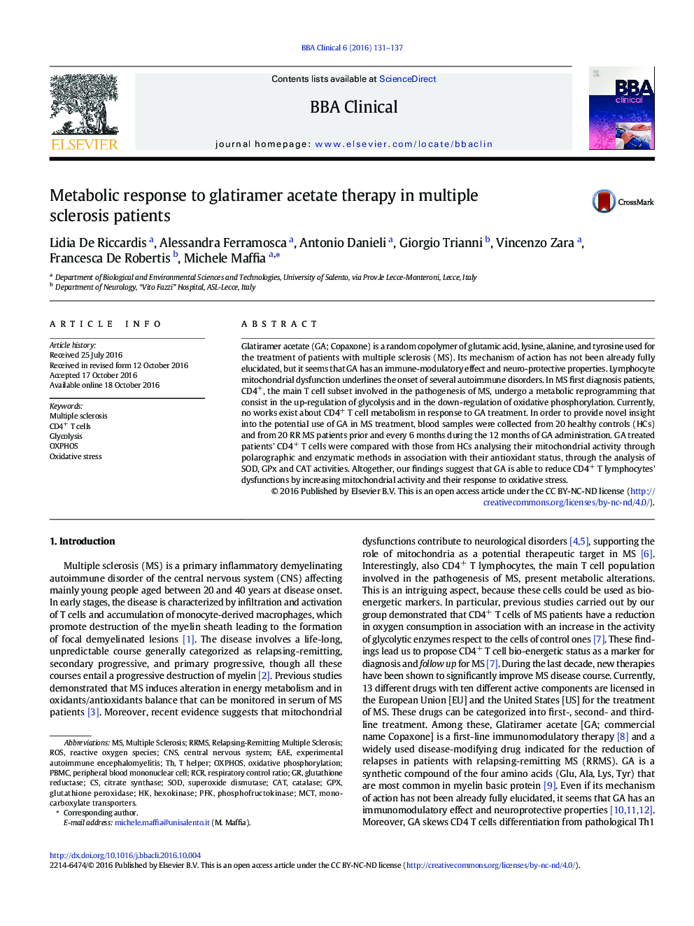 Metabolic response to glatiramer acetate therapy in multiple sclerosis patients