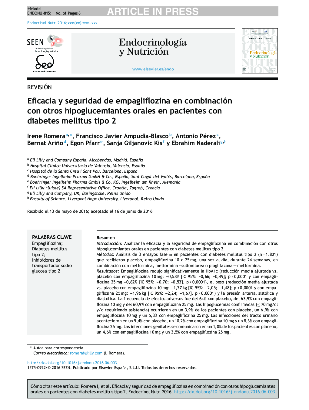 Eficacia y seguridad de empagliflozina en combinación con otros hipoglucemiantes orales en pacientes con diabetes mellitus tipo 2