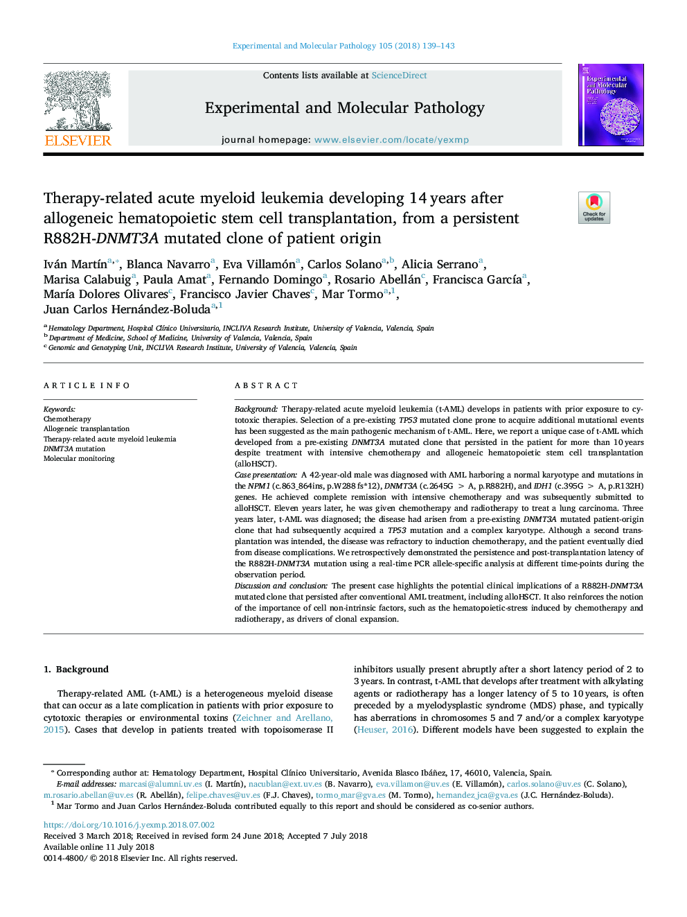 Therapy-related acute myeloid leukemia developing 14â¯years after allogeneic hematopoietic stem cell transplantation, from a persistent R882H-DNMT3A mutated clone of patient origin