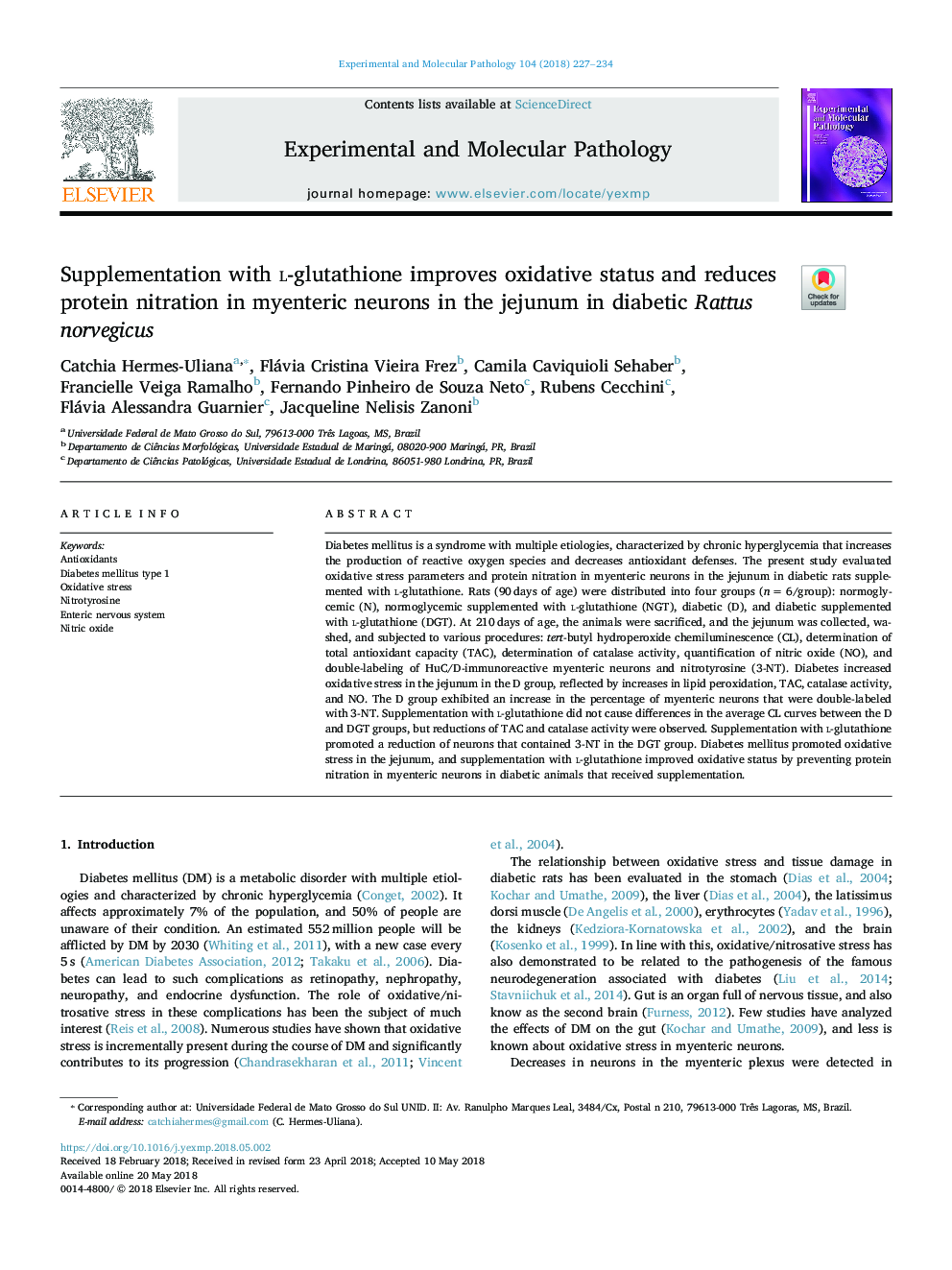 Supplementation with l-glutathione improves oxidative status and reduces protein nitration in myenteric neurons in the jejunum in diabetic Rattus norvegicus