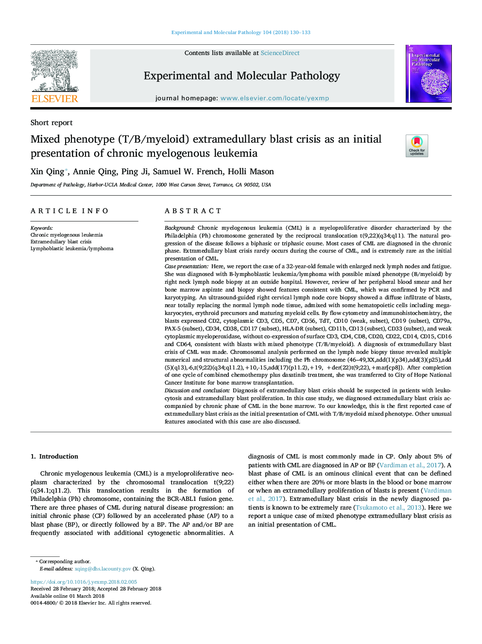 عکس صفحه اول مقاله: Mixed phenotype (T/B/myeloid) extramedullary blast crisis as an initial presentation of chronic myelogenous leukemia Mixed phenotype (T/B/myeloid) extramedullary blast crisis as an initial presentation of chronic myelogenous leukemia