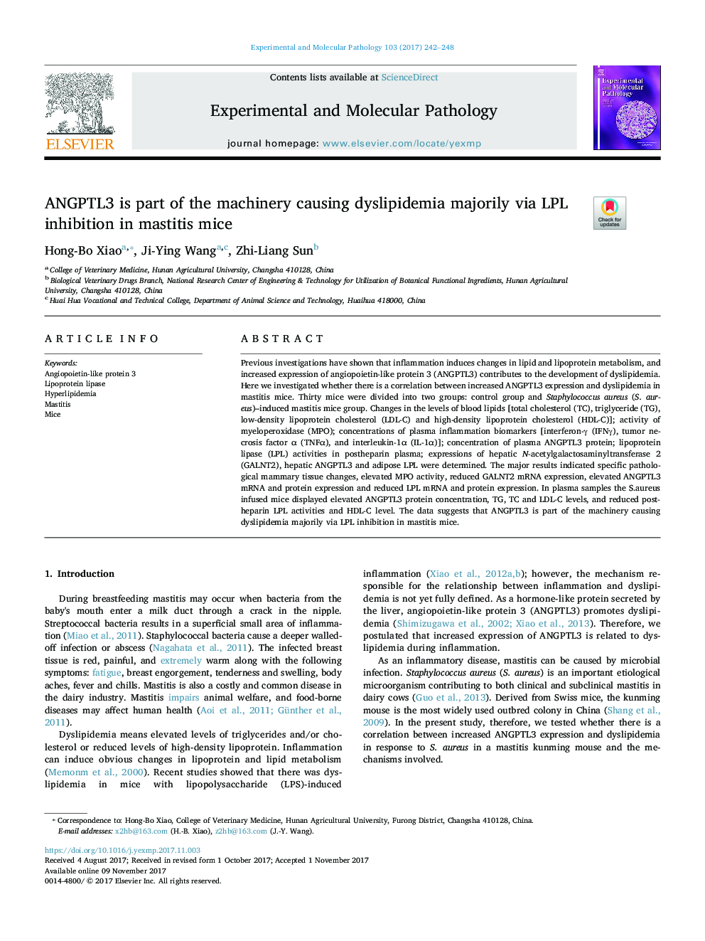 ANGPTL3 is part of the machinery causing dyslipidemia majorily via LPL inhibition in mastitis mice