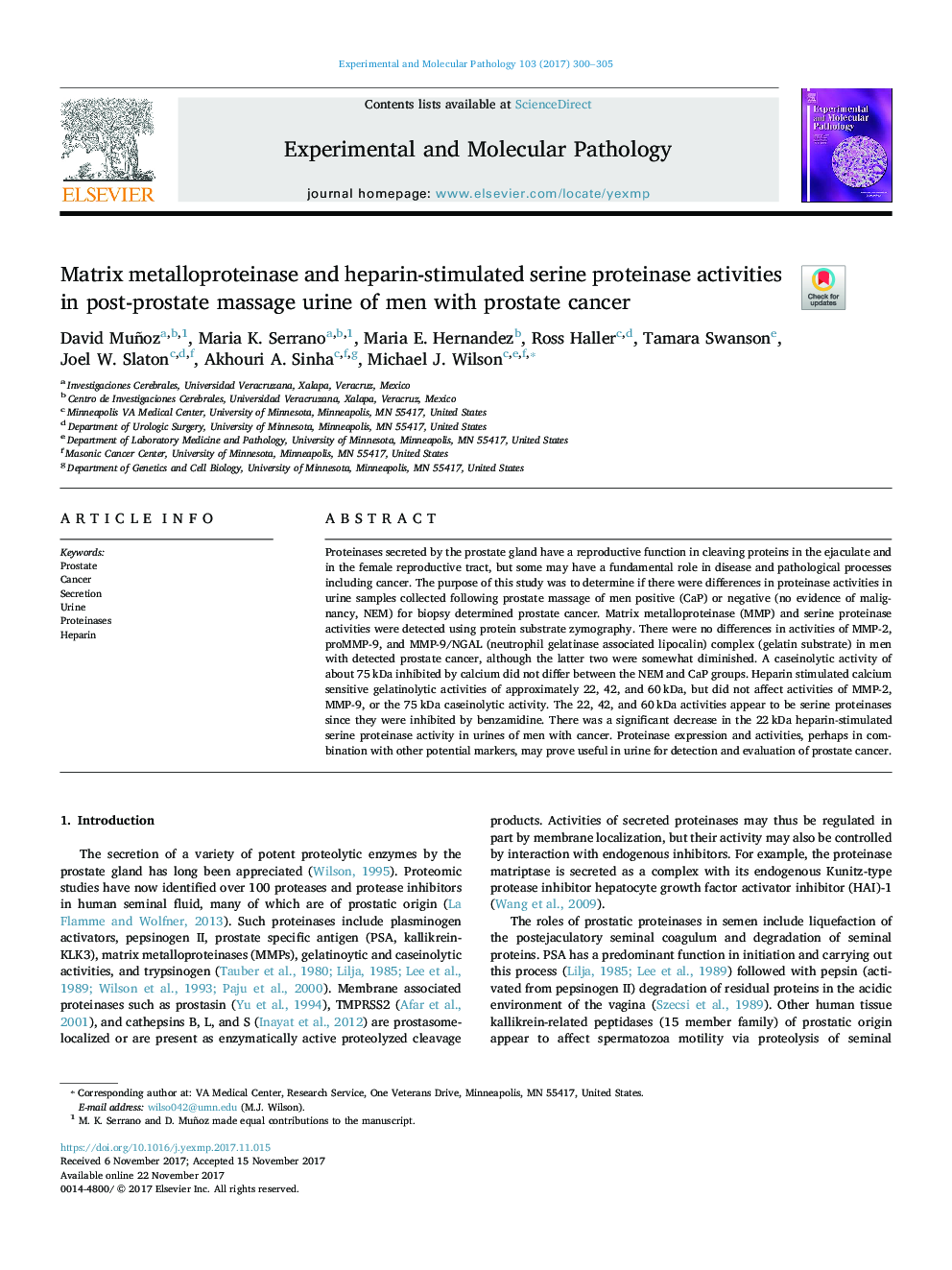 Matrix metalloproteinase and heparin-stimulated serine proteinase activities in post-prostate massage urine of men with prostate cancer