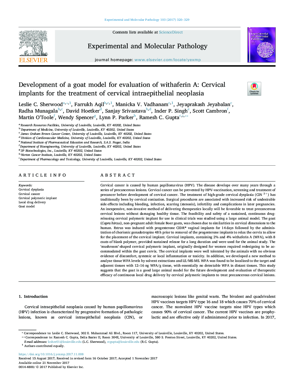 Development of a goat model for evaluation of withaferin A: Cervical implants for the treatment of cervical intraepithelial neoplasia