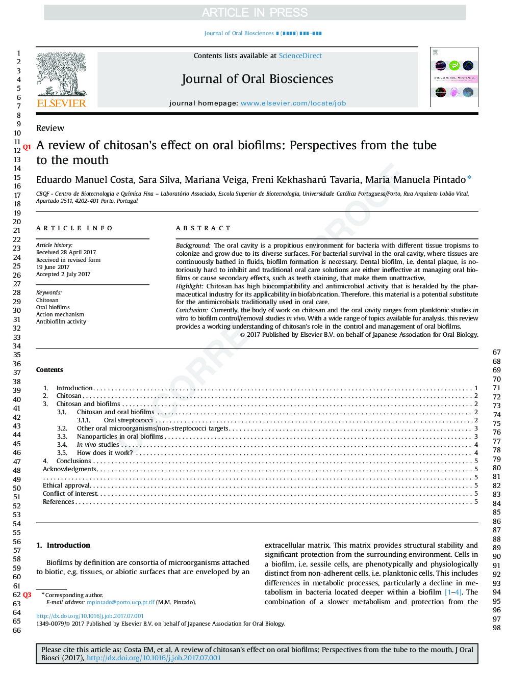 A review of chitosan's effect on oral biofilms: Perspectives from the tube to the mouth
