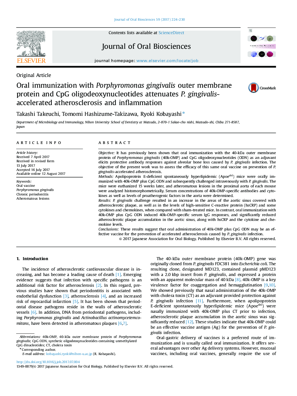 Oral immunization with Porphyromonas gingivalis outer membrane protein and CpG oligodeoxynucleotides attenuates P. gingivalis-accelerated atherosclerosis and inflammation