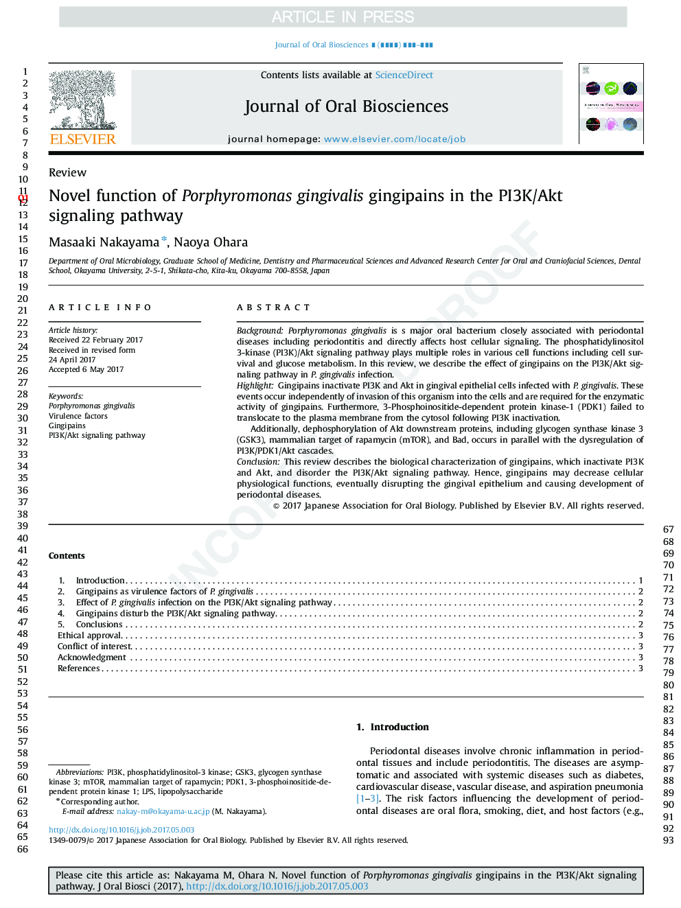 Novel function of Porphyromonas gingivalis gingipains in the PI3K/Akt signaling pathway