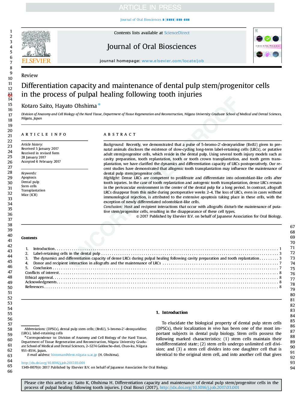 Differentiation capacity and maintenance of dental pulp stem/progenitor cells in the process of pulpal healing following tooth injuries