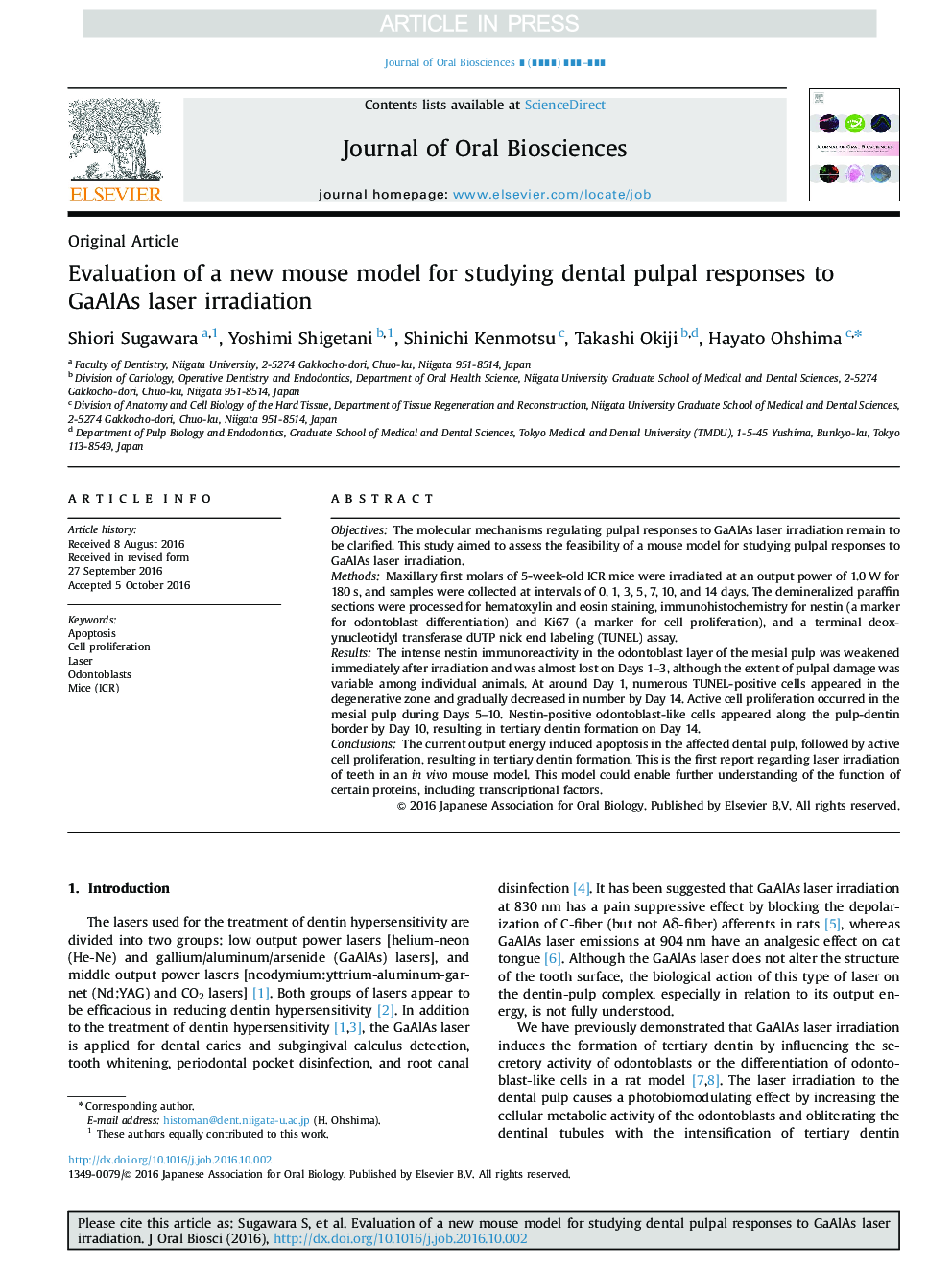 Evaluation of a new mouse model for studying dental pulpal responses to GaAlAs laser irradiation