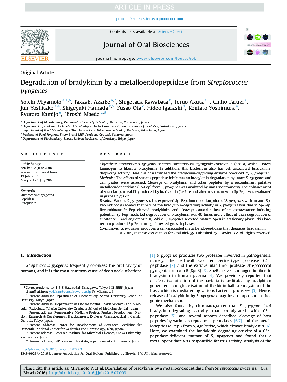 Degradation of bradykinin by a metalloendopeptidase from Streptococcus pyogenes