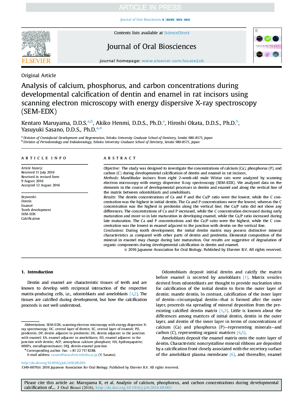 Analysis of calcium, phosphorus, and carbon concentrations during developmental calcification of dentin and enamel in rat incisors using scanning electron microscopy with energy dispersive X-ray spectroscopy (SEM-EDX)