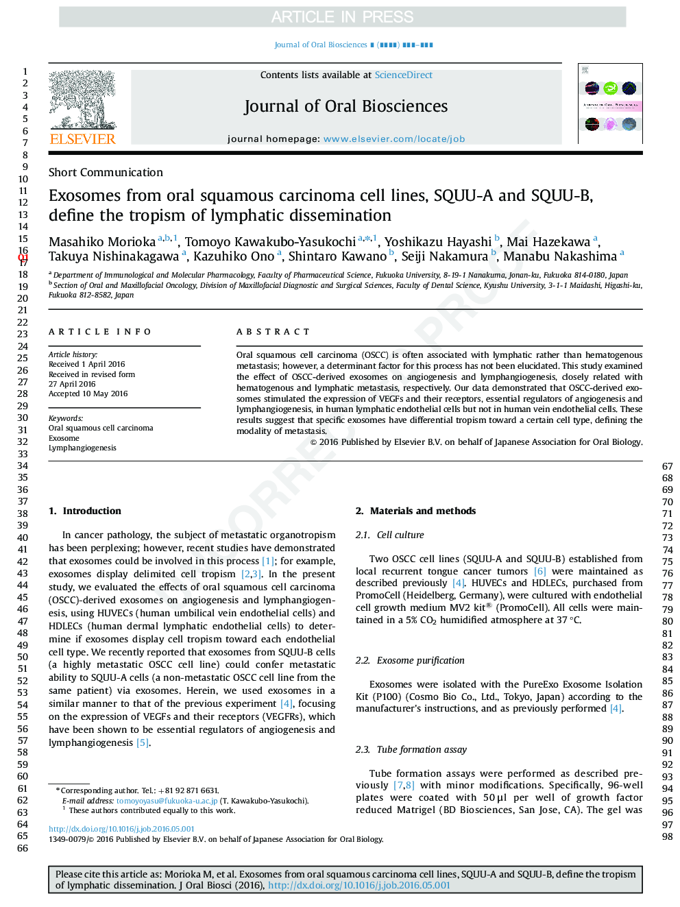 Exosomes from oral squamous carcinoma cell lines, SQUU-A and SQUU-B, define the tropism of lymphatic dissemination