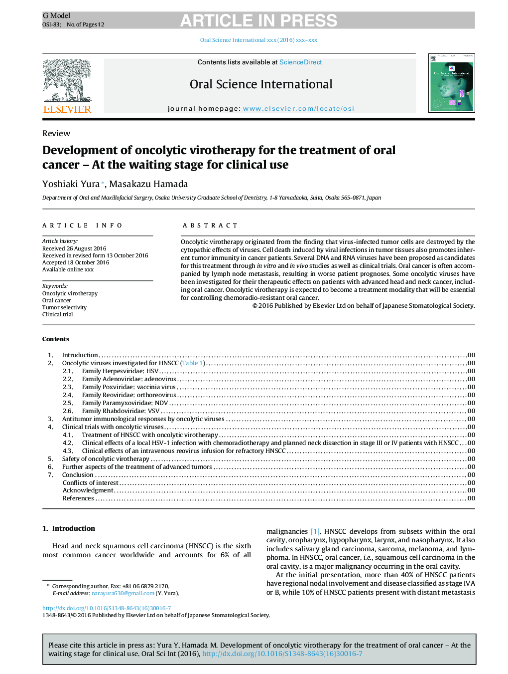 Development of oncolytic virotherapy for the treatment of oral cancer - At the waiting stage for clinical use