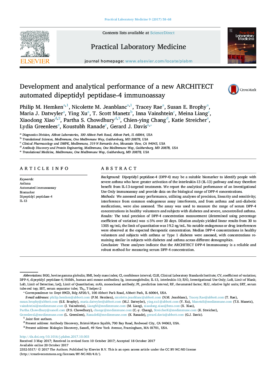 Development and analytical performance of a new ARCHITECT automated dipeptidyl peptidase-4 immunoassay