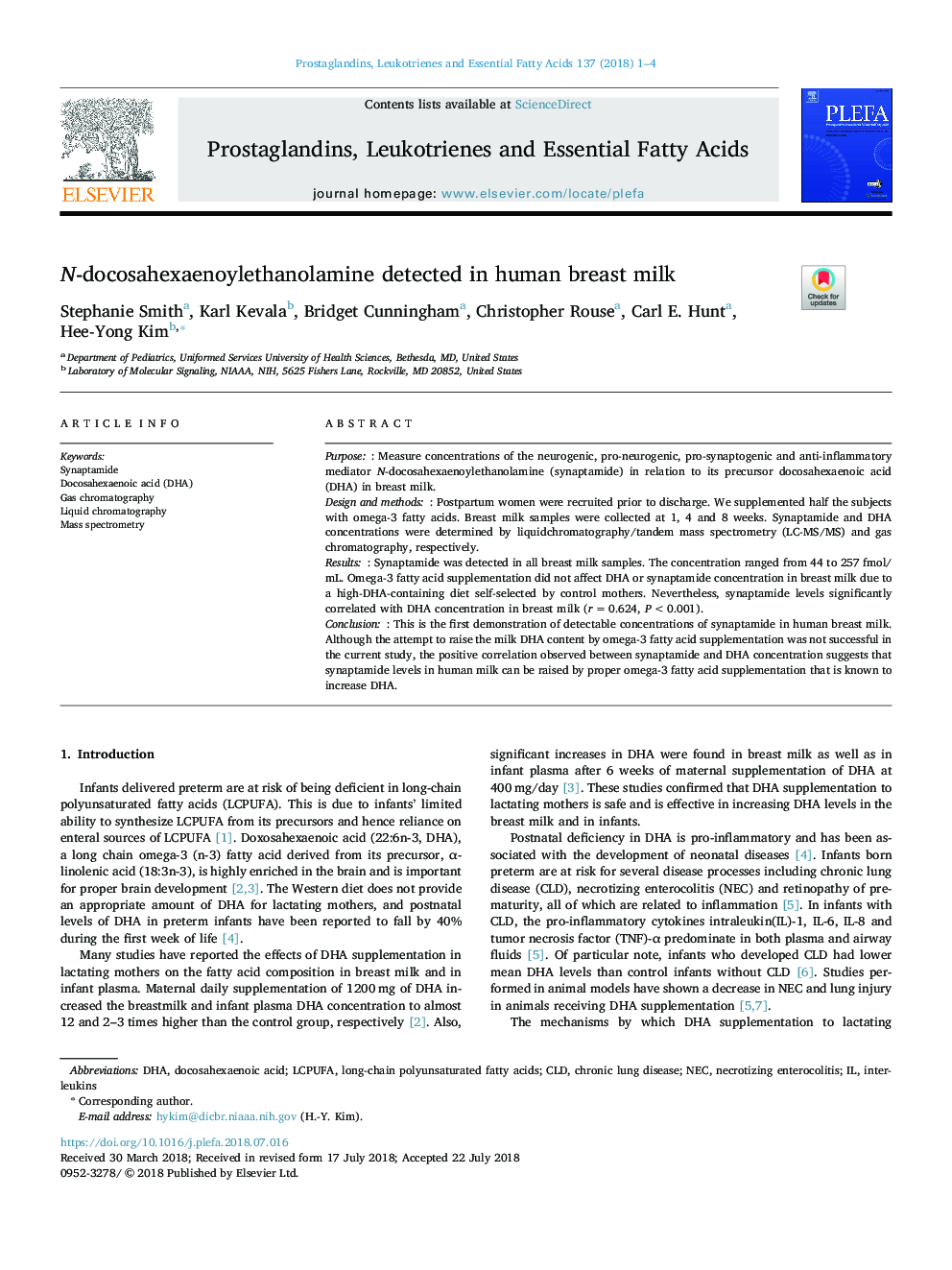 N-docosahexaenoylethanolamine detected in human breast milk