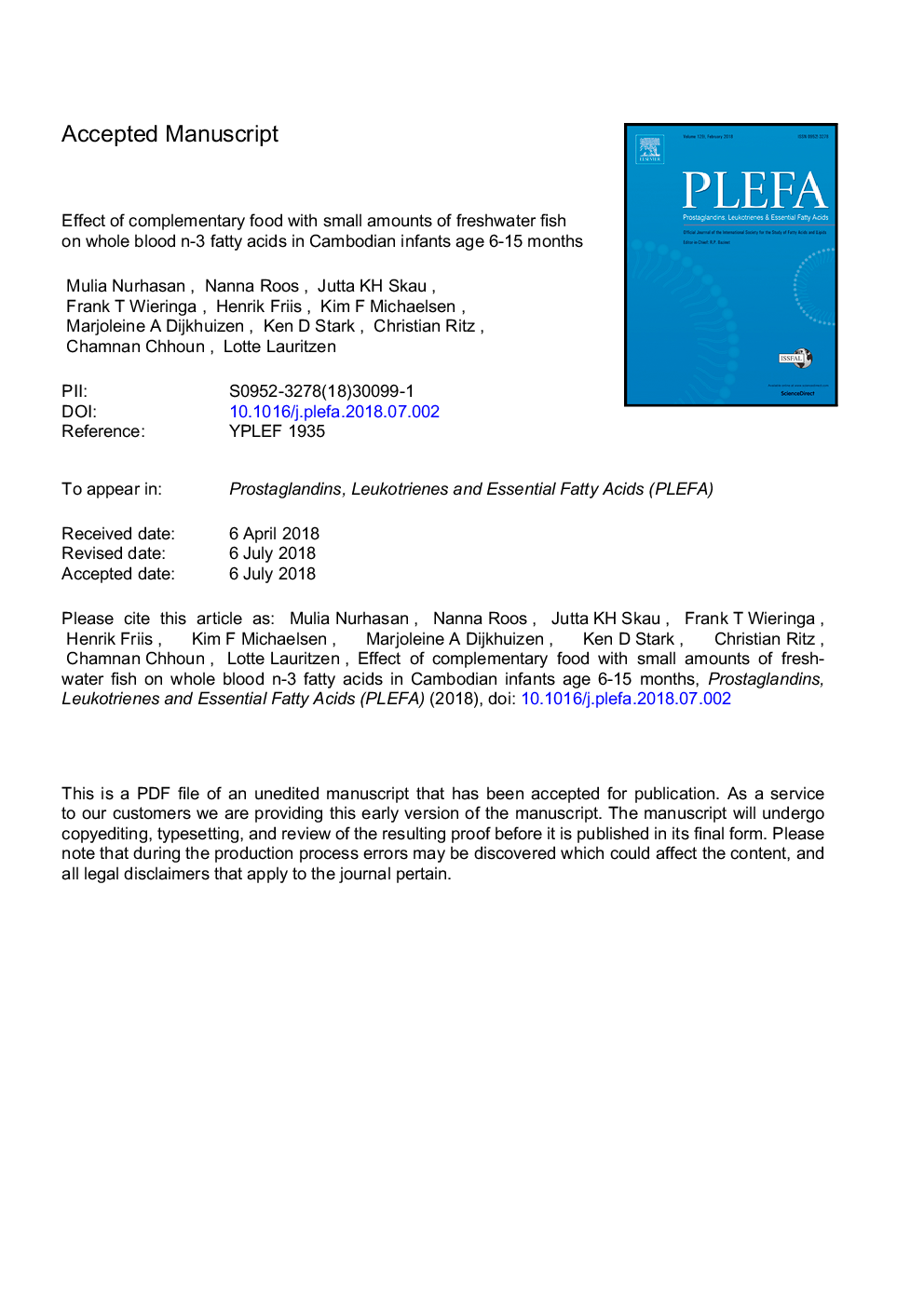 Effect of complementary food with small amounts of freshwater fish on whole blood n-3 fatty acids in Cambodian infants age 6-15 months