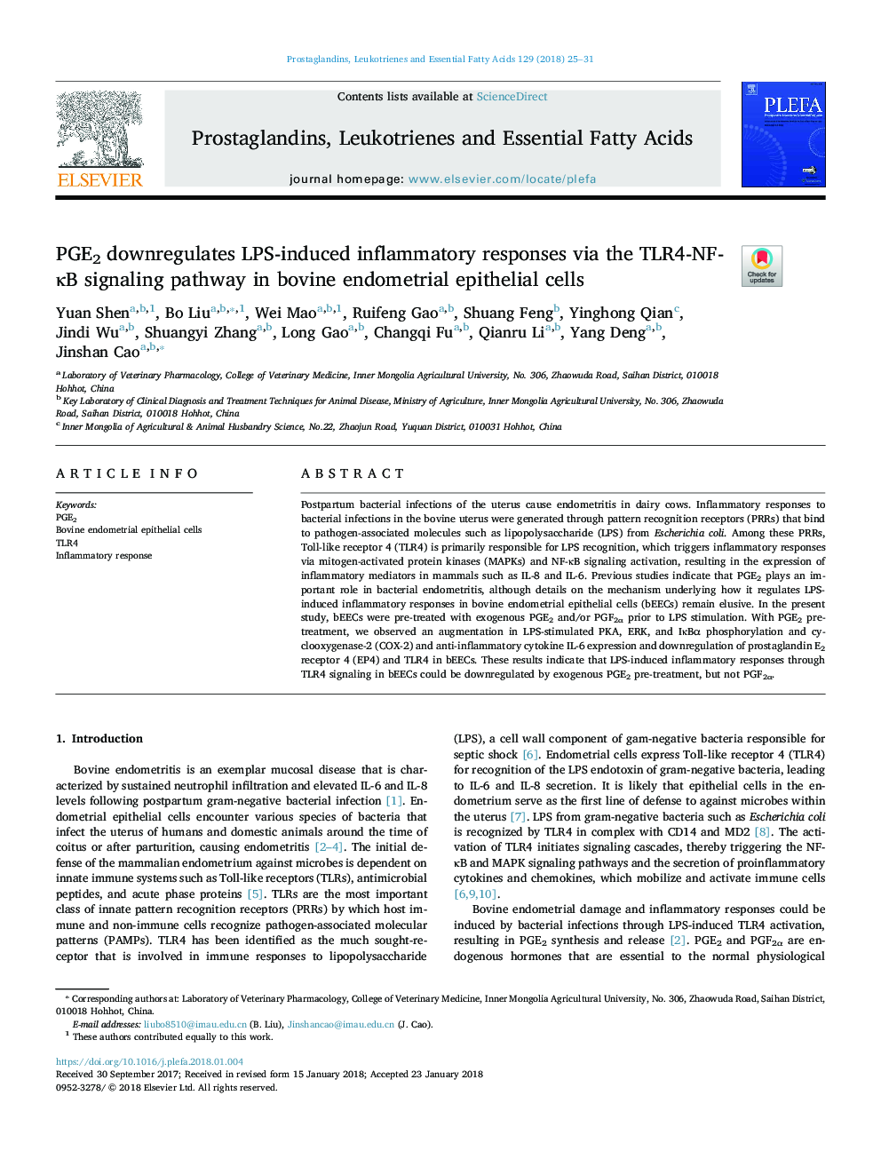 PGE2 downregulates LPS-induced inflammatory responses via the TLR4-NF-ÎºB signaling pathway in bovine endometrial epithelial cells