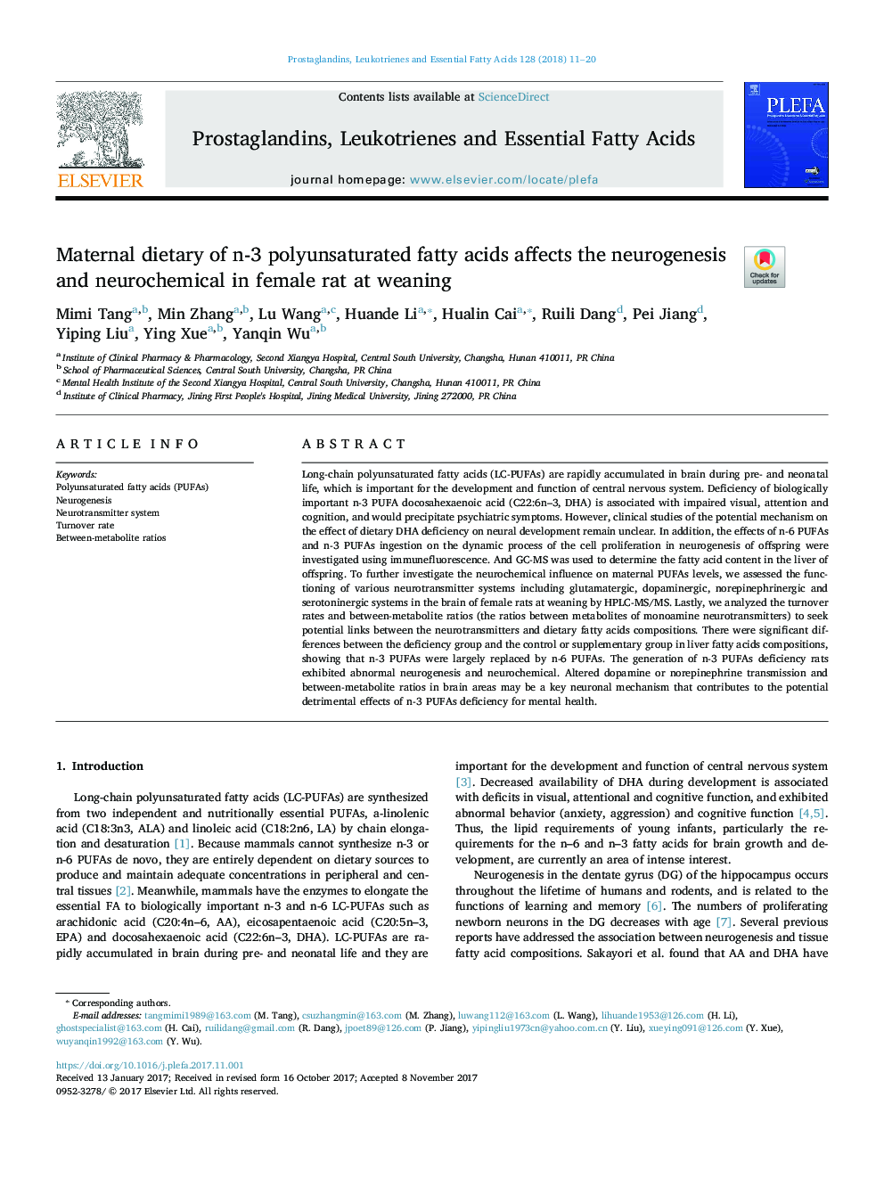 عکس صفحه اول مقاله: Maternal dietary of n-3 polyunsaturated fatty acids affects the neurogenesis and neurochemical in female rat at weaning Maternal dietary of n-3 polyunsaturated fatty acids affects the neurogenesis and neurochemical in female rat at weaning
