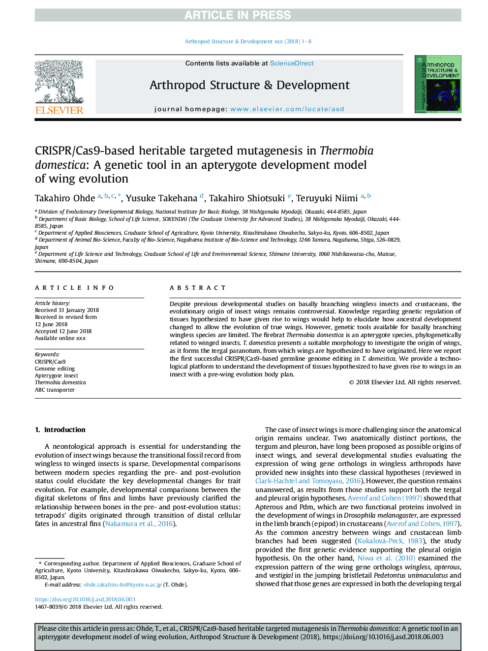 CRISPR/Cas9-based heritable targeted mutagenesis in Thermobia domestica: A genetic tool in an apterygote development model of wing evolution