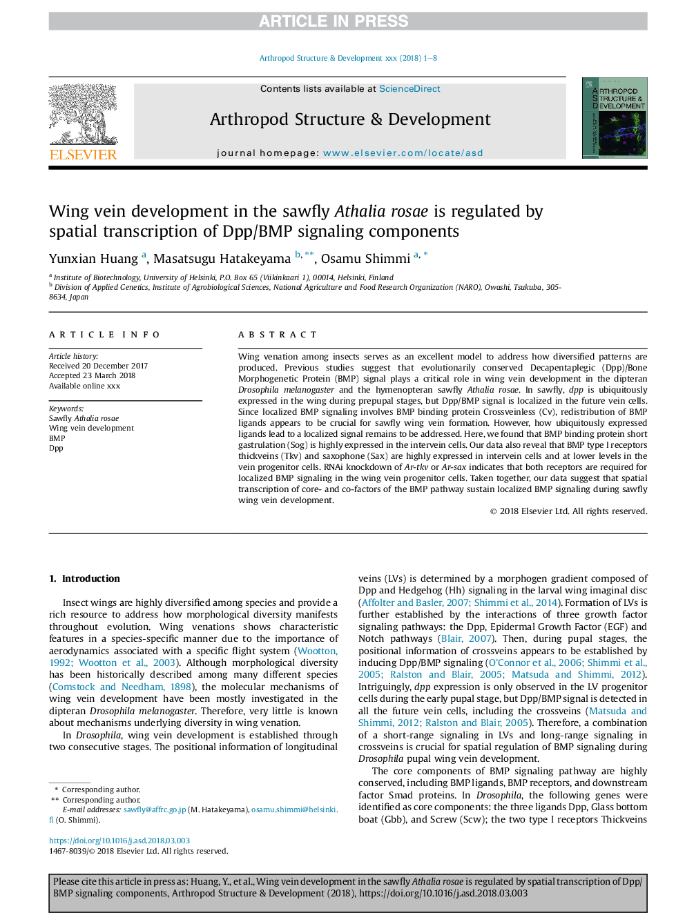 Wing vein development in the sawfly Athalia rosae is regulated by spatial transcription of Dpp/BMP signaling components