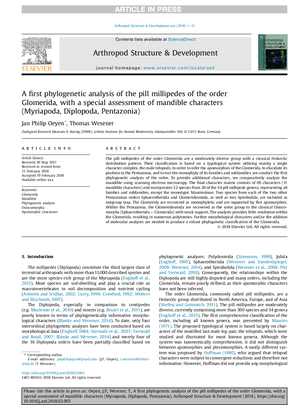 A first phylogenetic analysis of the pill millipedes of the order Glomerida, with a special assessment of mandible characters (Myriapoda, Diplopoda, Pentazonia)