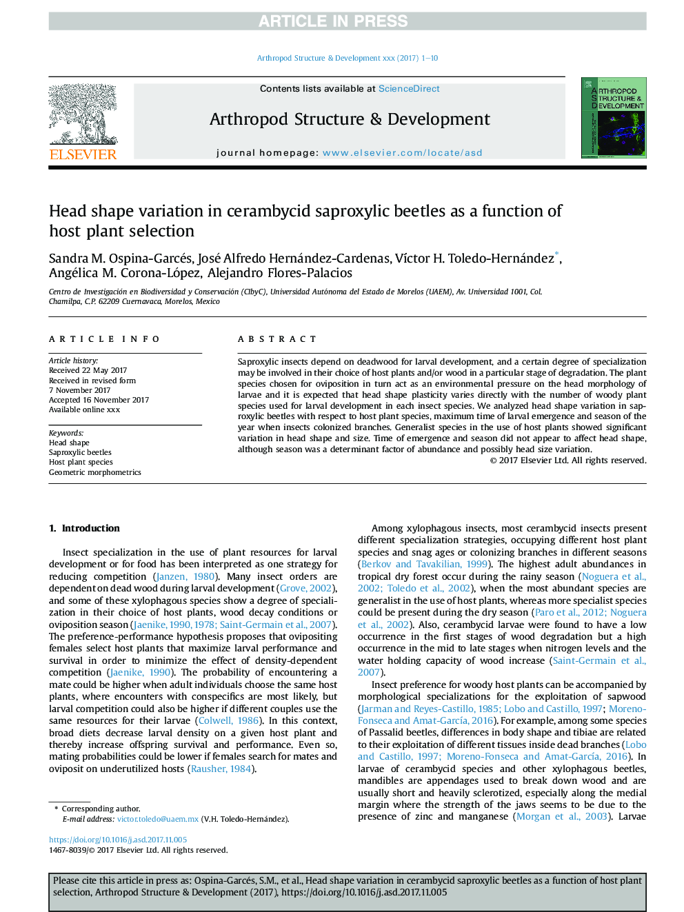 Head shape variation in cerambycid saproxylic beetles as a function of host plant selection