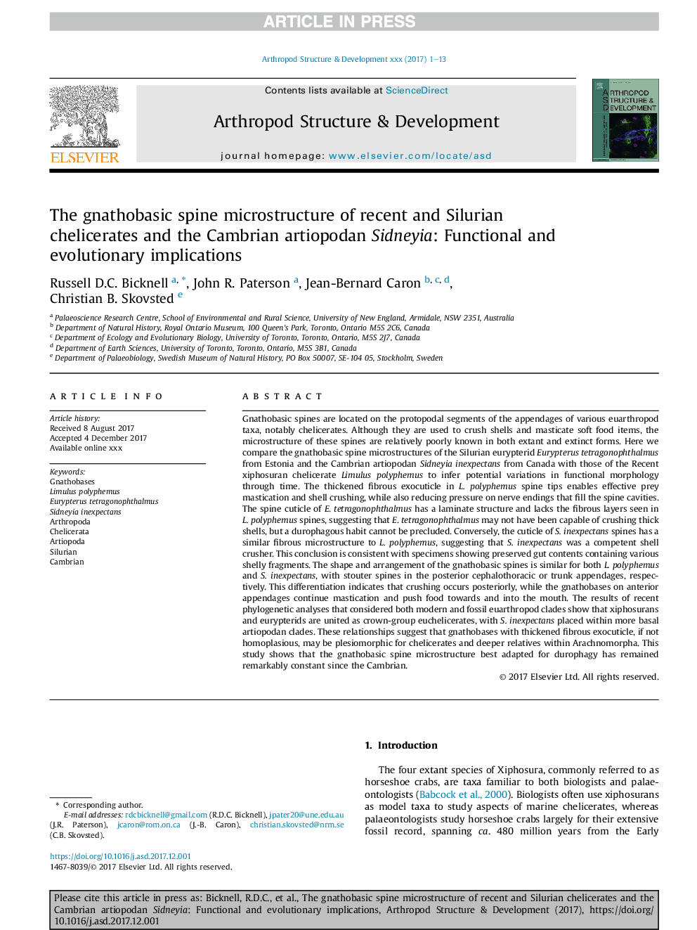 The gnathobasic spine microstructure of recent and Silurian chelicerates and the Cambrian artiopodan Sidneyia: Functional and evolutionary implications