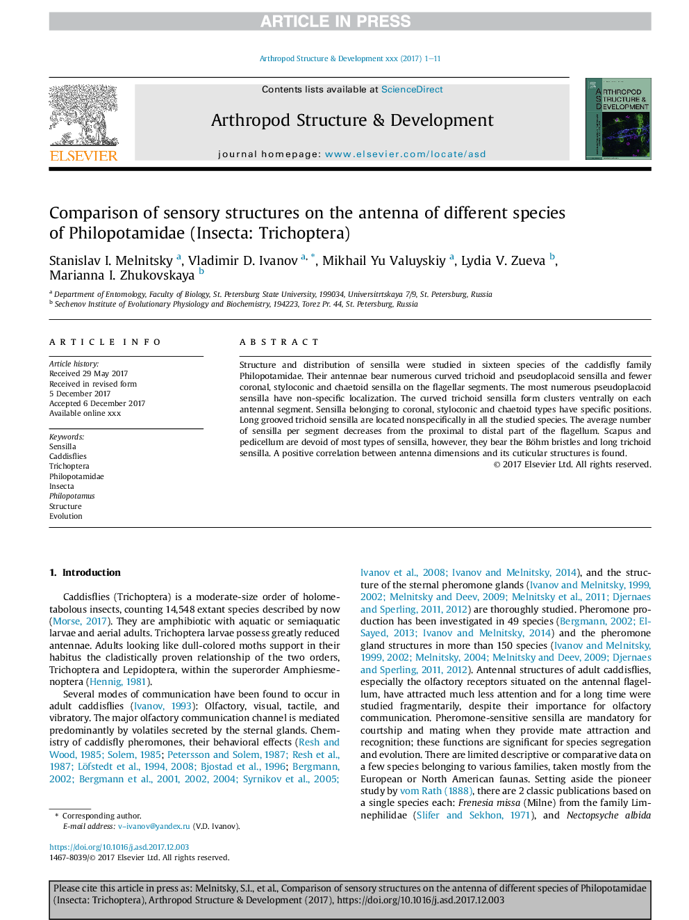 Comparison of sensory structures on the antenna of different species of Philopotamidae (Insecta: Trichoptera)