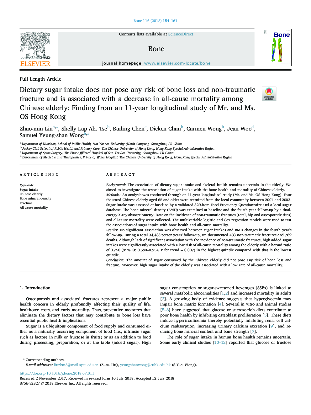 Dietary sugar intake does not pose any risk of bone loss and non-traumatic fracture and is associated with a decrease in all-cause mortality among Chinese elderly: Finding from an 11-year longitudinal study of Mr. and Ms. OS Hong Kong