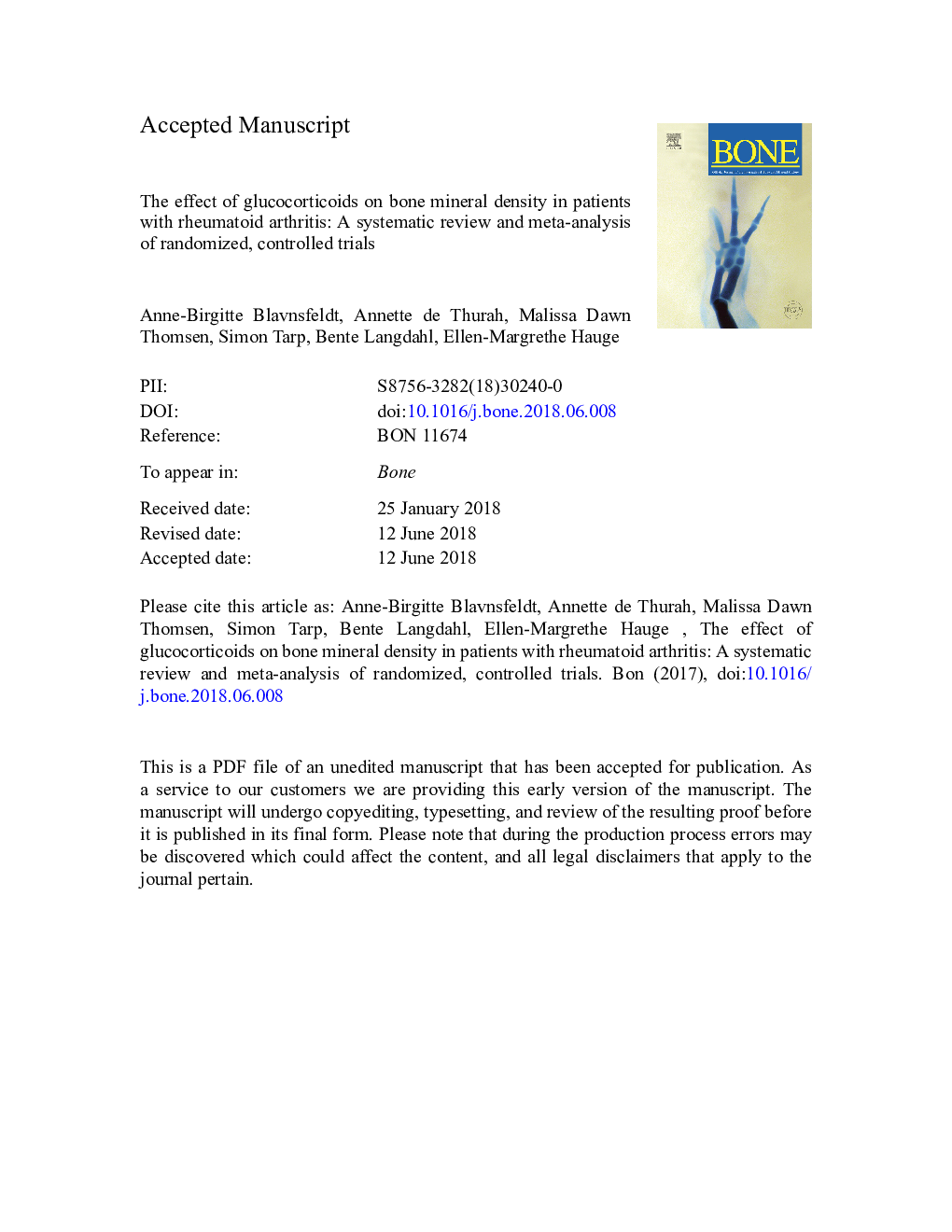 The effect of glucocorticoids on bone mineral density in patients with rheumatoid arthritis: A systematic review and meta-analysis of randomized, controlled trials