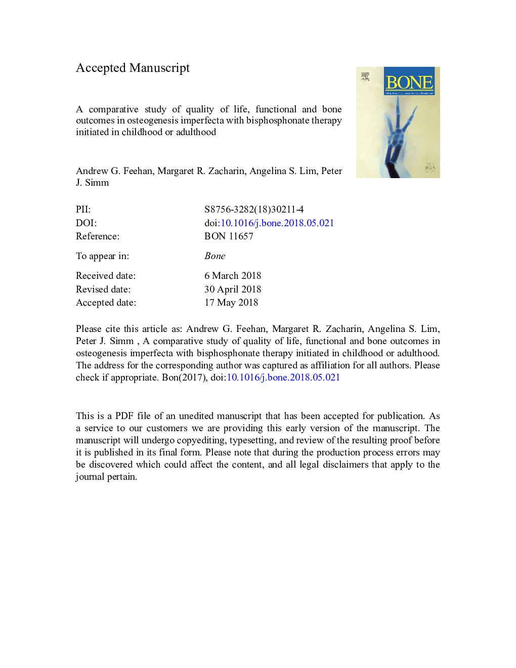 A comparative study of quality of life, functional and bone outcomes in osteogenesis imperfecta with bisphosphonate therapy initiated in childhood or adulthood