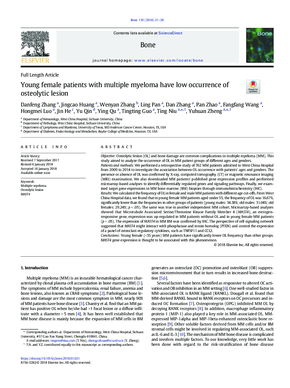 Young female patients with multiple myeloma have low occurrence of osteolytic lesion