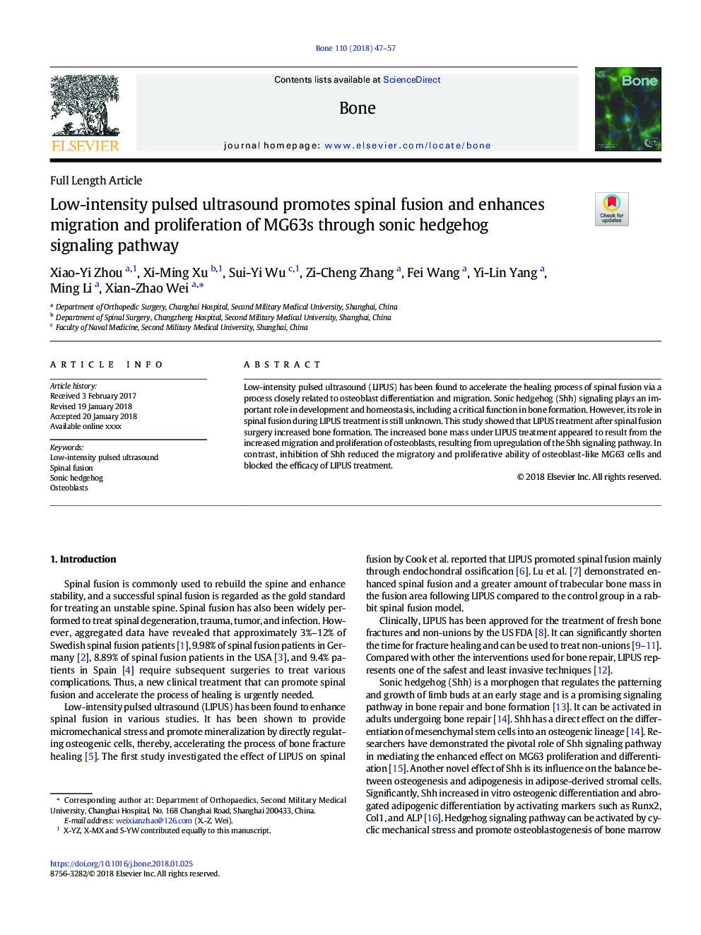 Low-intensity pulsed ultrasound promotes spinal fusion and enhances migration and proliferation of MG63s through sonic hedgehog signaling pathway