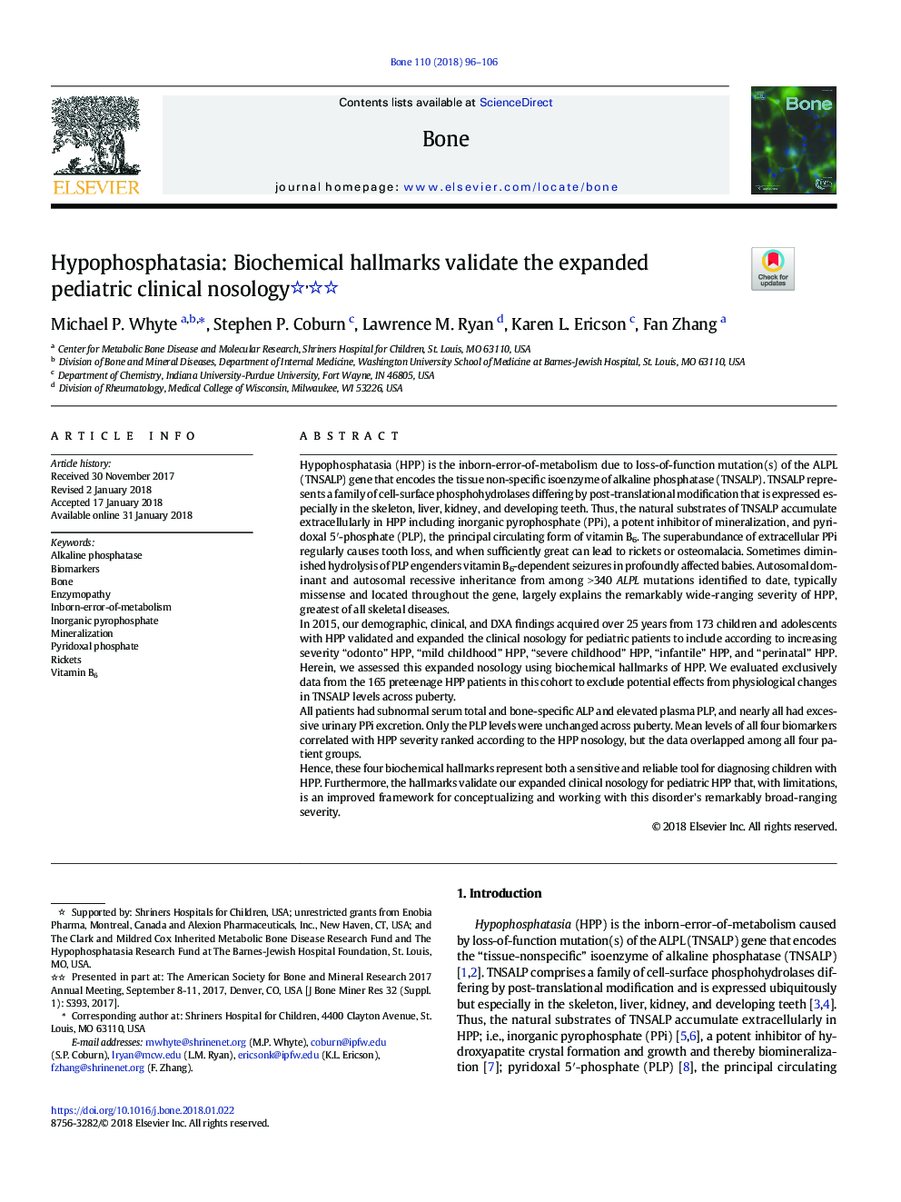 Hypophosphatasia: Biochemical hallmarks validate the expanded pediatric clinical nosology