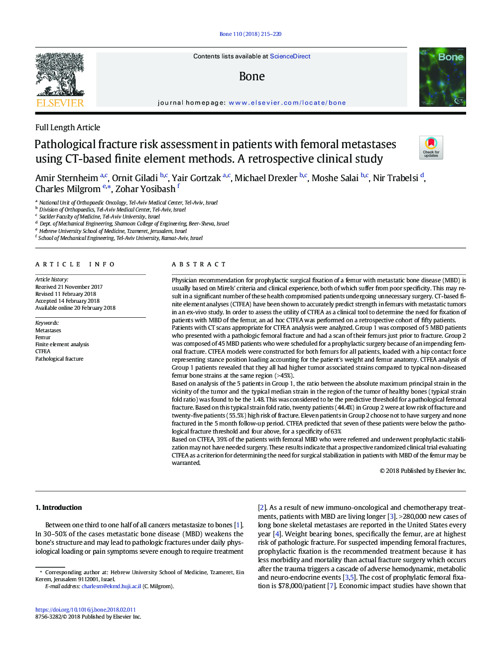 Pathological fracture risk assessment in patients with femoral metastases using CT-based finite element methods. A retrospective clinical study