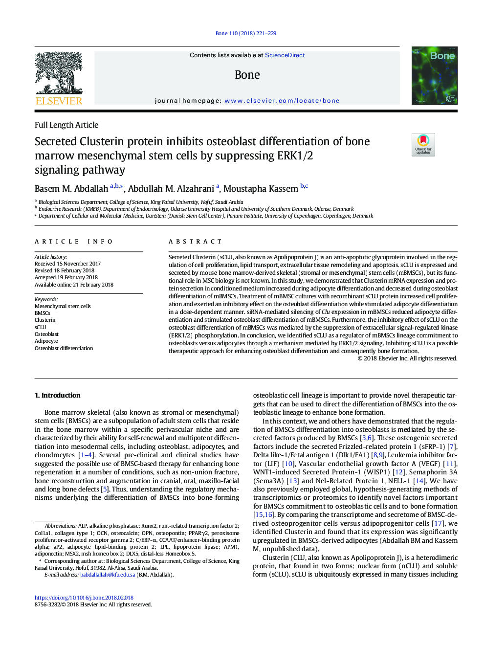 Secreted Clusterin protein inhibits osteoblast differentiation of bone marrow mesenchymal stem cells by suppressing ERK1/2 signaling pathway