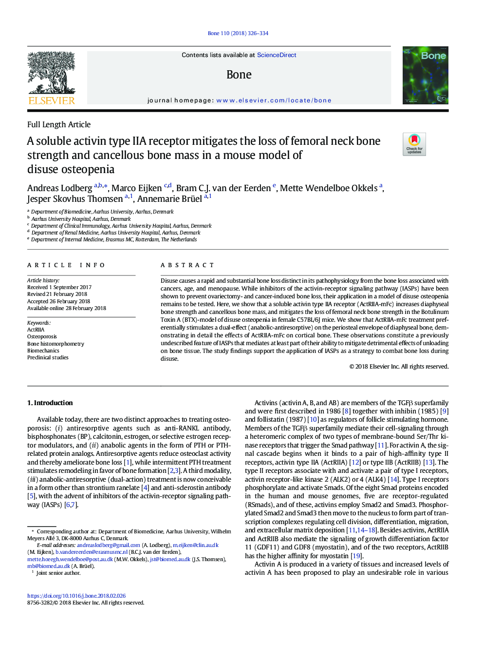 A soluble activin type IIA receptor mitigates the loss of femoral neck bone strength and cancellous bone mass in a mouse model of disuse osteopenia