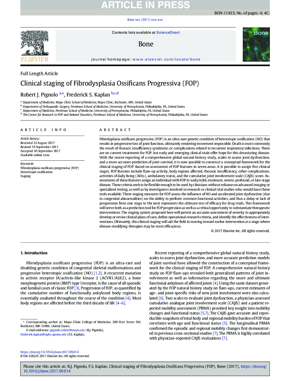 Clinical staging of Fibrodysplasia Ossificans Progressiva (FOP)