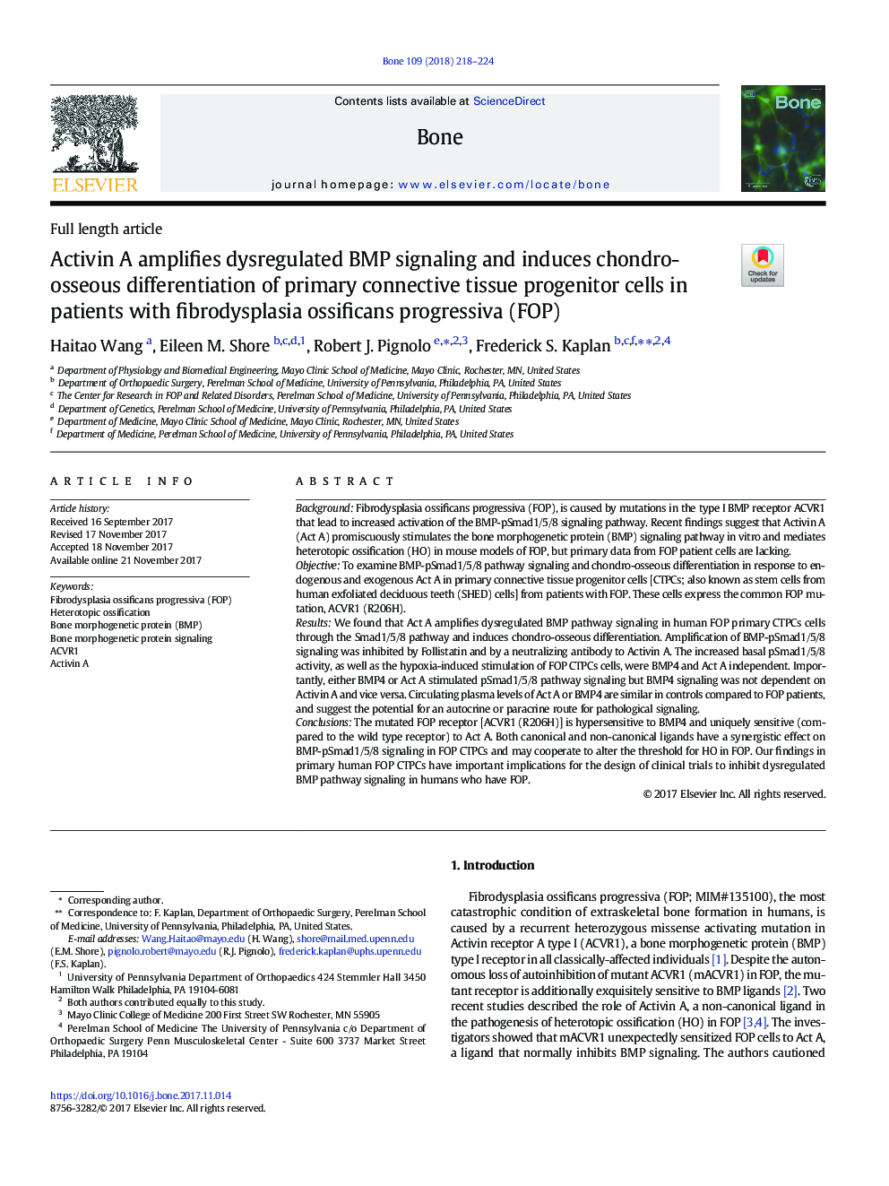 Activin A amplifies dysregulated BMP signaling and induces chondro-osseous differentiation of primary connective tissue progenitor cells in patients with fibrodysplasia ossificans progressiva (FOP)